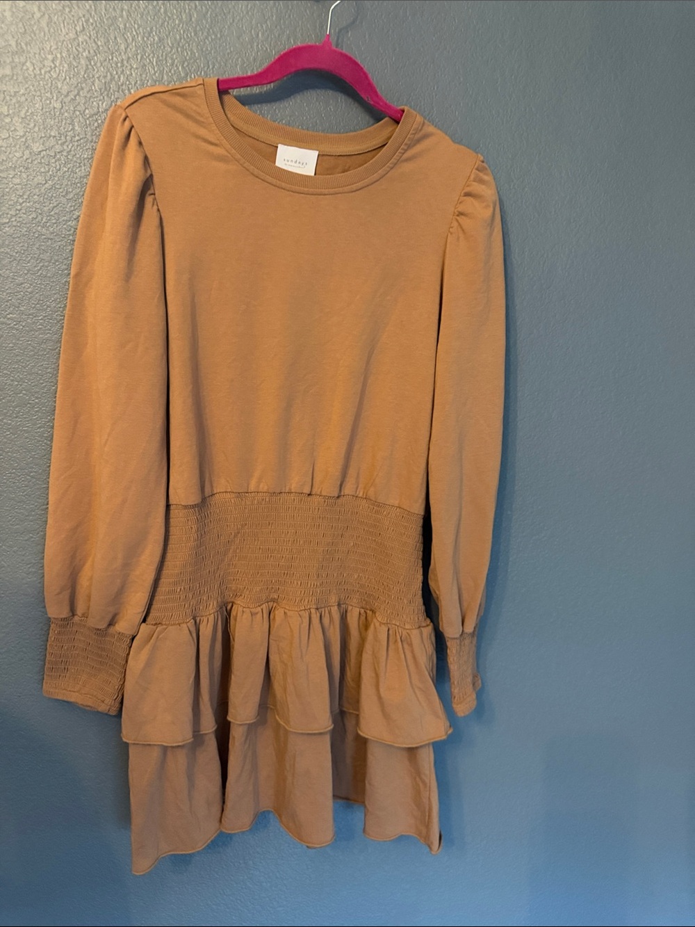 sundays Tan Smocked-Waist Tiered Mini Dress